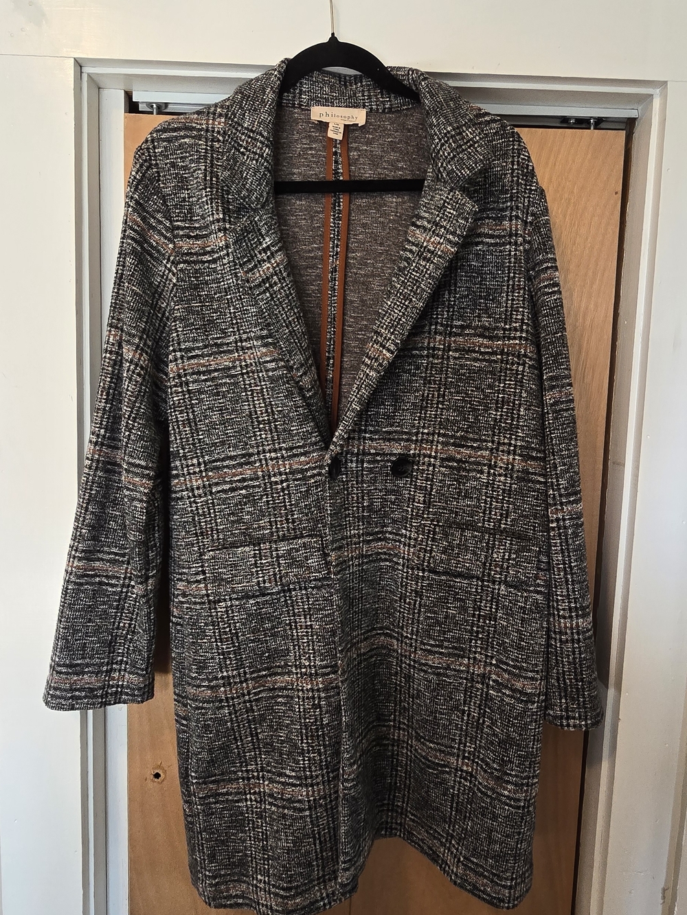 Philosophy Plaid Long Houndstooth Coat in Black, Brown& Gray